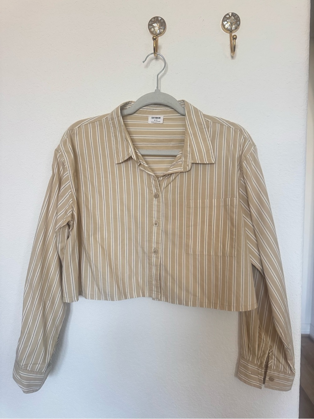 Cotton On 100% Cotton Beige Striped Cropped Button-Down